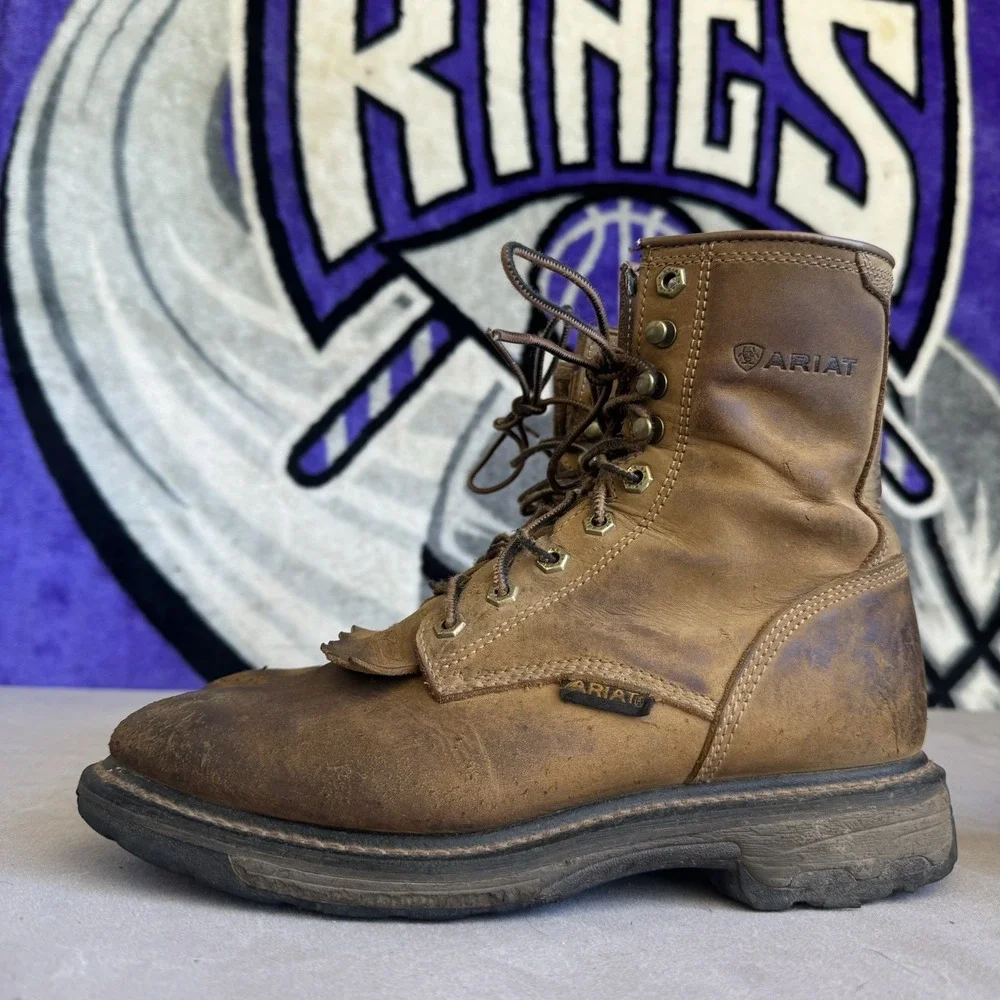 Size 9 - Ariat Men's Brown Leather Lace Up Work Boots Soft Toe 10016266
